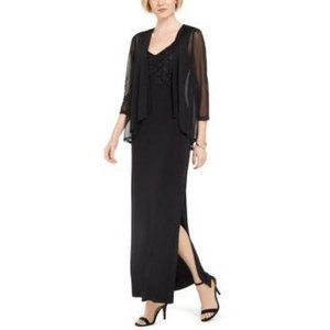 Connected  NINA BLACK EYELASH METALLIC FLOOR-LENGTH DRESS, Size 6